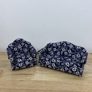Doll House Miniature Upholstered Couch & Chair Blue Floral Pattern 1:12 Scale